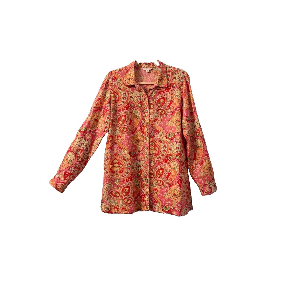 Charter Club 100% Linen Top Womens M Floral Roll Tab Button Up Coastal Resort